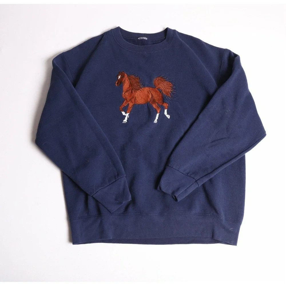 Vintage Navy Blue Horse Embroidery Crewneck Sweatshirt Equestrian Pullover